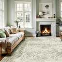 Vintage Living Room Area Rug 5x7 for Dining Room, Washable Distressed Farmhouse Soft Thin Non-Shedding Indoor Throw Rug, Traditional Accent Floral Print Beige Green Carpet for Bedroom Kitchen Office