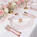WDF-125PCS Rose Gold Plastic Silverware&Disposable Plastic Plates - Disposable Plates include 25 Dinner Plate,25 Salad Plate,25 Forks, 25 Knives, 25 Spoons for Mother's Day Wedding Party Birthday