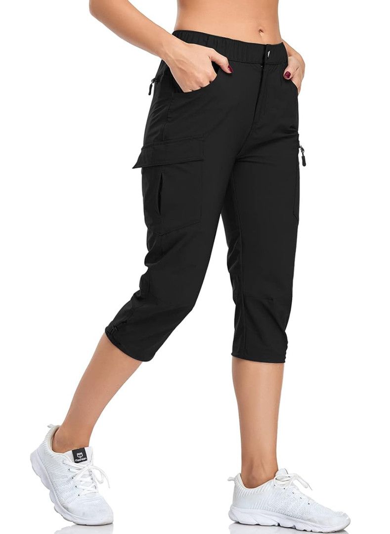 GymBrave Women's Hiking Cargo Pants Quick Dry Outdoor Camping Capris Water Resistant UPF 50 with Zipper Pockets Size L