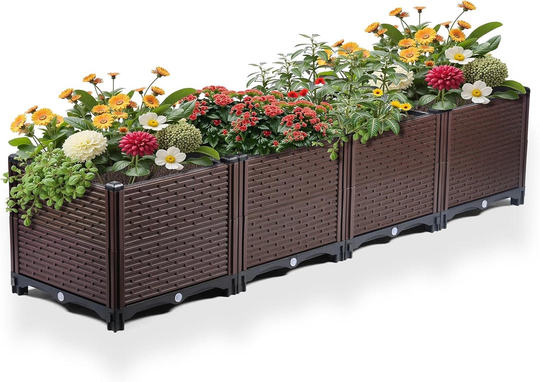 63x15x12.6in Garden Beds Outdoor, Polypropylene Planter Boxes Outdoor for Vegetables, Flowers, Herbs, Garden Box with Drain Outlet, Heat and Frost Resistance Planters, 440lb Capacity