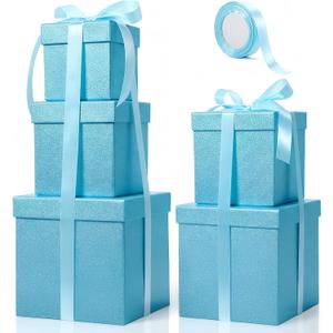 Cholemy 5 Pcs Square Nesting Boxes Decorative Gift Boxes with Lid and Ribbon Assorted Sizes Wrap for Wedding, Thanksgiving, Christmas, Anniversary, Birthday, Bridal Party(Light Blue)