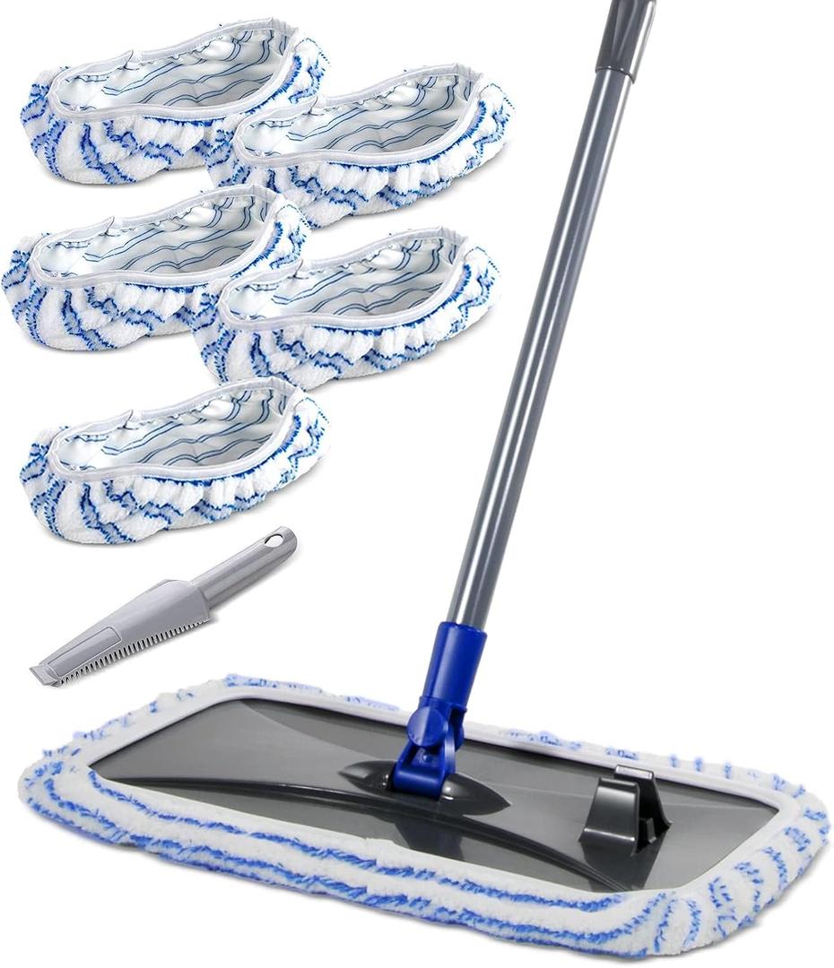 Masthome Extra Large Microfiber Mop for Floor Cleaning, 16 Flat Mop with 5 Pad for Wet & Dry Use, Dust Mop for Hardwood Laminate Tile Ceramic, 1 Cleaning Scraper Included-Blue