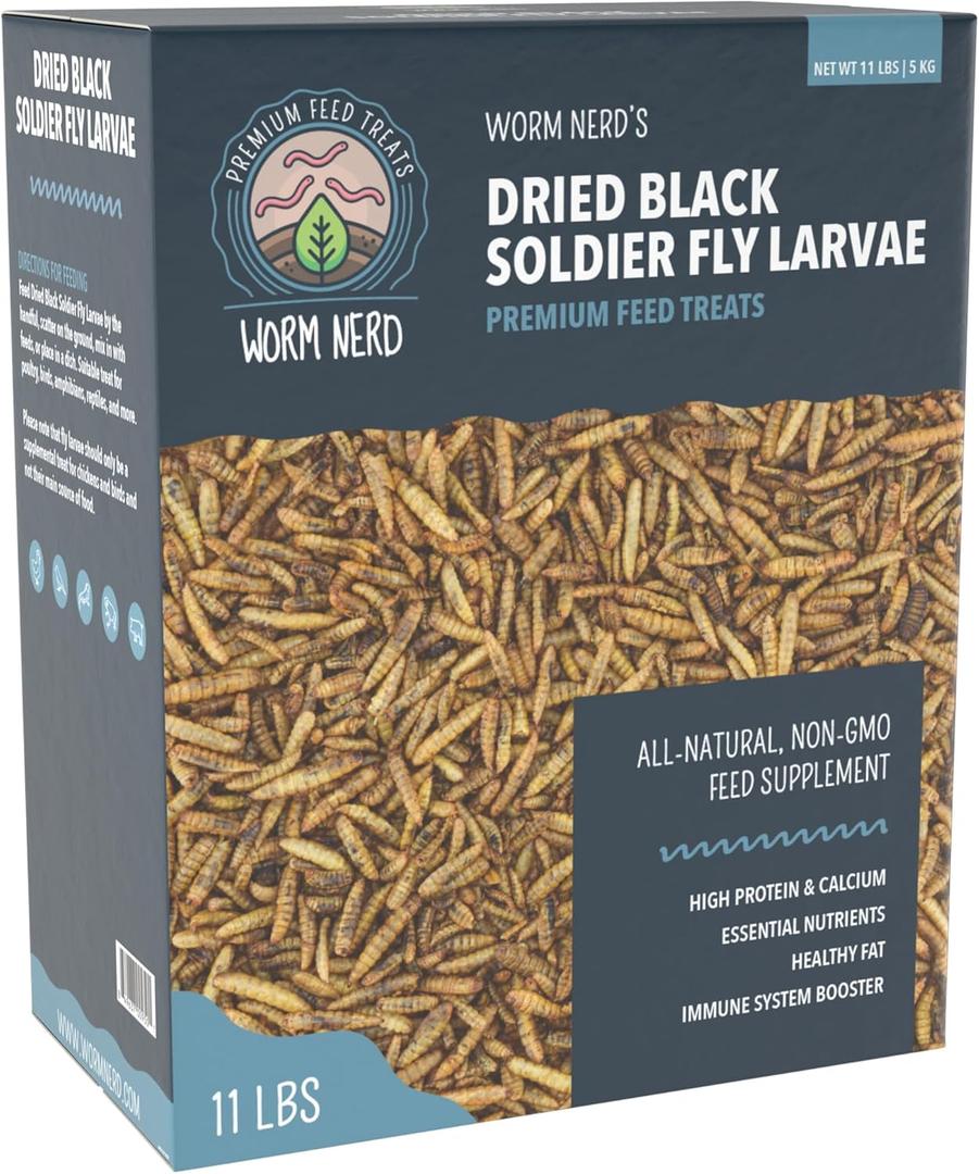 Worm Nerd WN64 11LB Dried Black Soldier Fly Larvae Non-GMO High Protein and Calcium Treat for Chickens, Birds, Reptiles, Amphibians, Fish