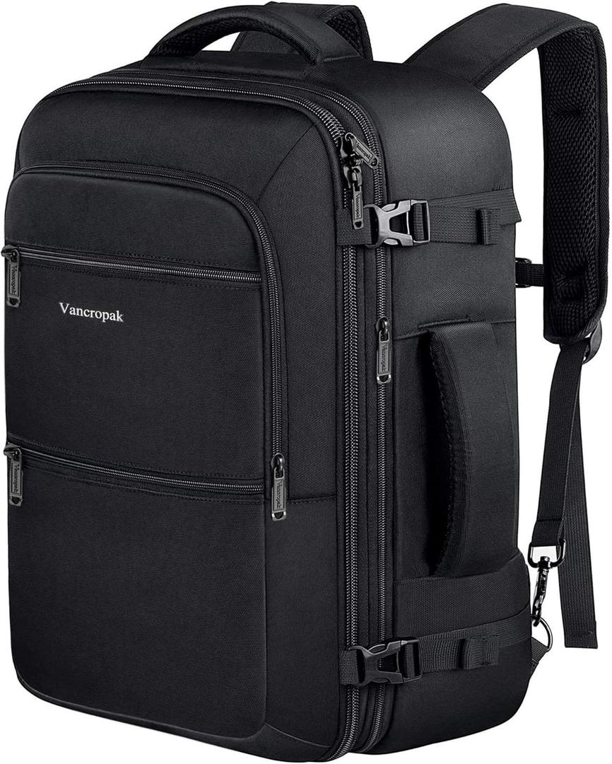 Vancropak Carry On Backpack, 40L Expandable Extra Large Travel Backpack, Flight Approved Water Resistant Luggage Suitcase Daypack, Lightweight College Business Weekender Bag for Men & Women, Black