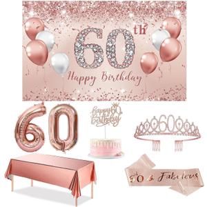 Trgowaul 60th Birthday Decorations Party Set for Women, Rose Gold 60 Birthday Banner and Tablecloth, 60 & Fabulous Sash and Tiara, 1PC Happy 60th Birthday Cake Topper, Pink Gold 60 Number Balloons