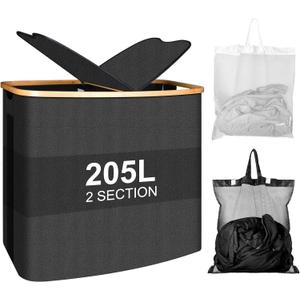 Large Laundry Hamper with Lid 205L,Collapsible 2-Section Dirty Clothes Basket Organizer for Bathroom, Bedroom & Laundry Room - Waterproof, Easy Sort, Foldable Storage Solution
