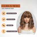 Short Brown Blonde Wig,Shoulder Length Bob Curly Wavy Ombre Brown Wig With Bangs for Women, Charming Heat-resistant Synthetic Hair Wigs for Date Daily Use
