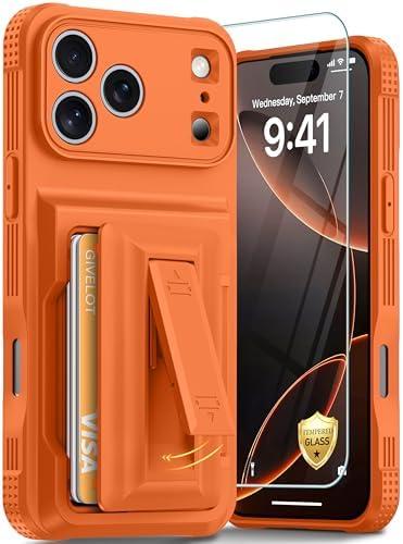 GIVELOT for iPhone 17 Pro Max Case with Card Holder（4-5 Cards）[9H Screen Protector ][Full Camera Protection][RFID Blocking][Hidden Kickstand]Rugged Heavy Duty Wallet Case for iPhone 17 Pro Max, Orange