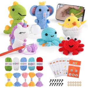 MINGOMINGO Crochet Kit for Beginners Kids - 6 Animal Amigurumi, Mother's Day Birthday Craft Gift Set, Step-by-Step Video Tutorials, 40%+ Yarn, Knitting Starter Kit for Girls Women Adults (Red)