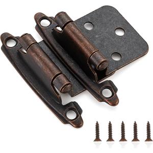 Ravinte 30 Pack (15 Pairs) 1/2" Overlay Cabinet Hinges, Self-Closing Semi-Concealed Face Mount, Antique Copper Decorative Hardware with Door Bumpers for Kitchen & Cupboard Doors