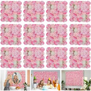 Flower Wall Backdrop 12-Pack 16.5x16.5 Inch Artificial Rose Silk Flowers Panels-Floral Wall Panel Wedding Photo Backdrop, Photography Backdrop, Event Party Decoration-Pink