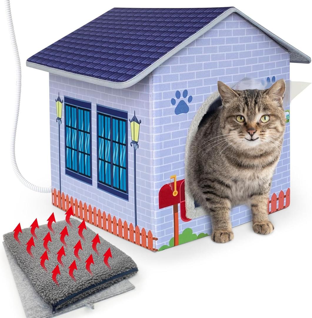 Heated Cat Houses for Indoor/Outdoor Cats with Heated Cat Bed Providing Safe Feral Cats , Easy to Assemble