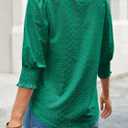 2 x Tankaneo Womens 3/4 Length Sleeve Ladies Tops and Blouses Casual Eyelet Top Crewneck Dressy Shirts with Smocked Cuffs 2025