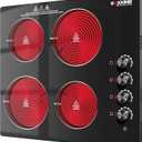 24 Inch Electric Cooktop 4 Burners, 6000W Ceramic Stove Top with Knob Control, 220V-240V Hardwired Built-in Radiant Cooktop, 8 Power Levels, Residual Heat Indicator, Black Glass (No Plug)