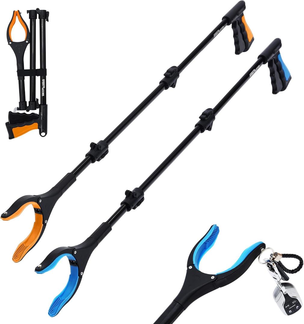 38" Extra Long Grabber Reacher Tool 2 Pack Extra Long Foldable Reacher Grabber Pickup Tools with 360 Rotating Jaw - Heavy Duty Pick Up Grabbers for Seniors, Trash, Surgery Recovery (Orange Blue)