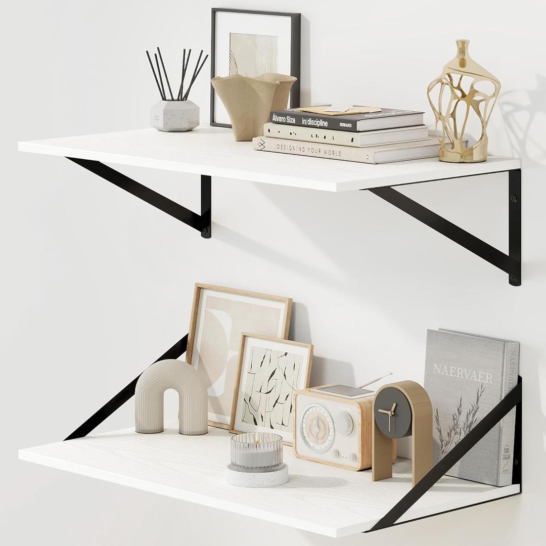 Fun Memories Floating Shelves for Wall, 12 Inch Deep Floating Shelves Set of 2, 24W x 12D Large Wall Shelf with Sturdy Metal Brackets for Living Room, Bathroom, Bedroom and Kitchen, White