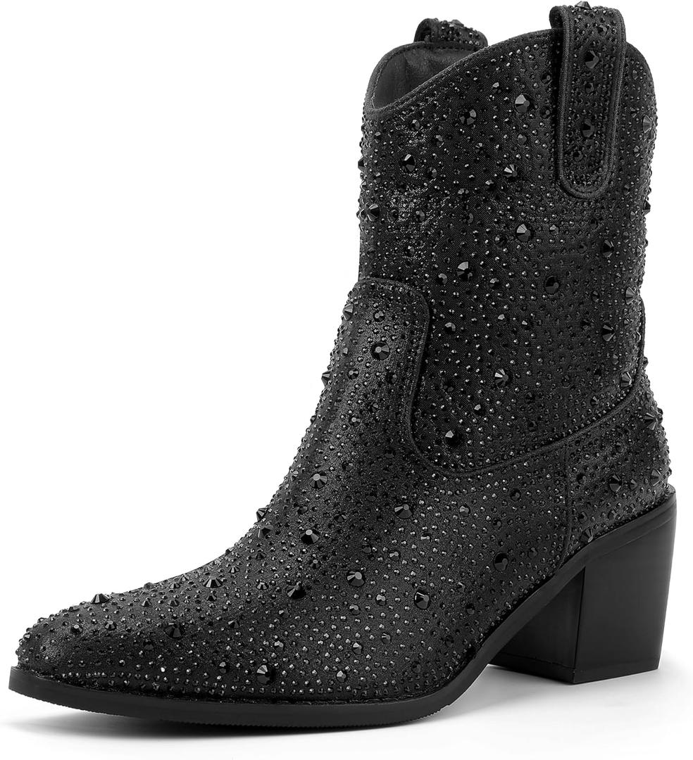 IDIFU IN2 Womens Booties Cowgirl Cowboy Rhinestone Ankle Boots for Women Low Short Block Heel Pointed Toe Slip On Fall Booties Ladies Western Sparkly Glitter Disco Wedding Fashion Dressy Boots (9)