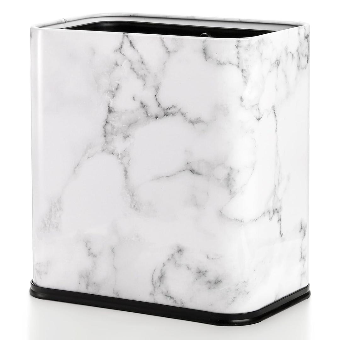 Coloch 2.4 Gallon/9L Rectangle Marble Print Metal Trash Can, Stainless Steel Bathroom Wastebasket Narrow Garbage Bin Invisi-Overlap Open Top Rubbish Bin for Bathroom, Kitchen, Home, Hotel