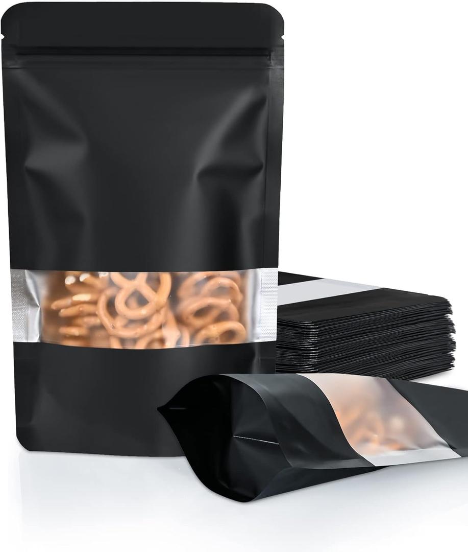 100 Pack Smell Proof Bags, Resealable Bags with Matte Window, Foil Pouch Stand Up Sealable Bags for Packaging Black 4" x 6"