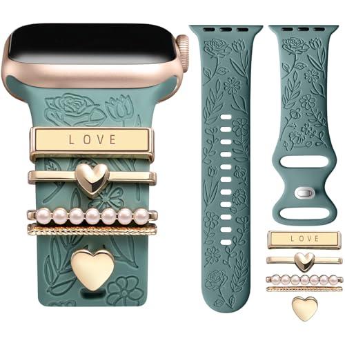 DaQin Flower Engraved Band Compatible with Apple Watch Bands for Women 40mm 38mm 41mm 42mm, Soft Silicone Strap With Dressy Decorative Apple Watch Charms for iWatch Series 11 10 9 8 7 6 5 4 3 2 1 SE