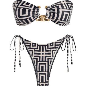 ZAFUL Women's Bandeau Bikini Shiny Metal Ring Decor Lace Up Tied Side High Cut Strapless Swimsuit (Medium, 3-geometric)
