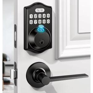 keyless Entry Door Lock deadbolt with Handle Set-Front Smart Door Locks for Front Door-with 2 Lever Handles-Electronic Keypad Code Deadbolt,Fingerprint Door Lock-Auto Lock(Black)