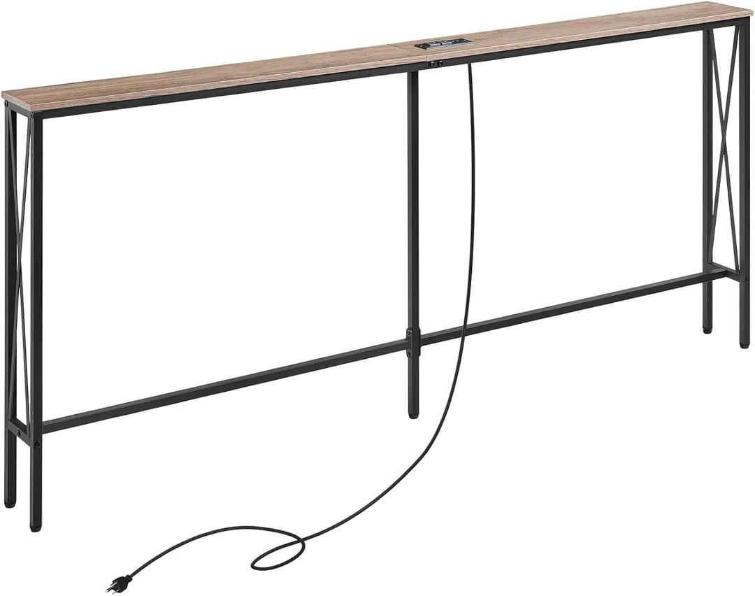 ELYKEN 5.9" Narrow Console Sofa Table with Power Outlets, 5.9" Dx70.9 Wx31.5 H Long Skinny Behind Couch Table with Charge Station and 6.5'Extension Cord, White Oak