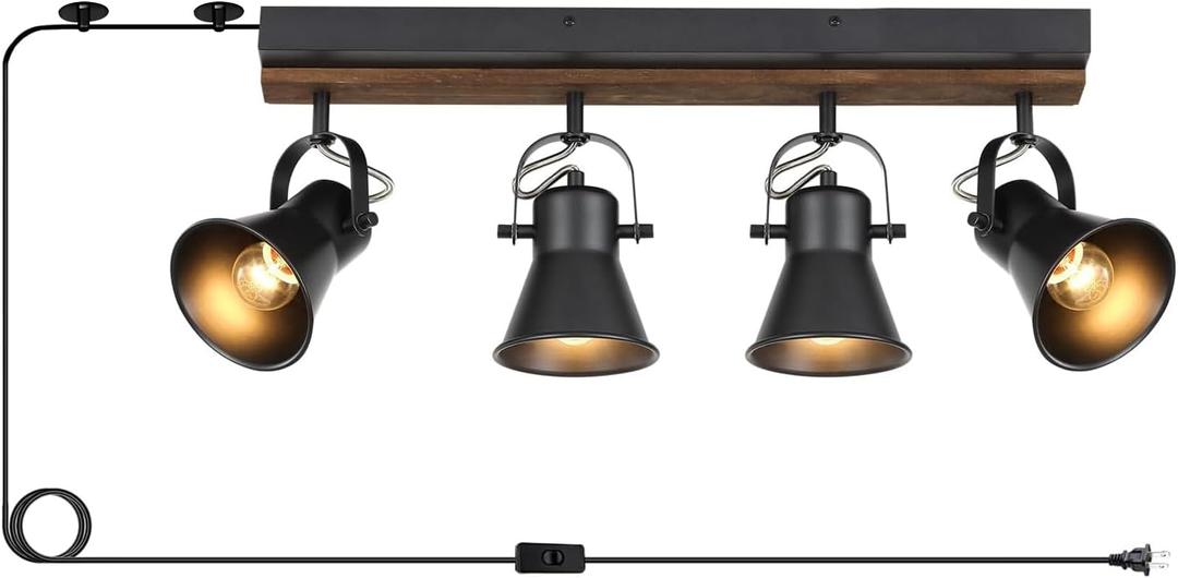 4-Light Plug-in Track Lighting, Adjustable Ceiling Spotlight,Industrial Black Kitchen Track Lighting Fixtures Ceiling for Living Room, Dining Room, Hallway,Bathroom.