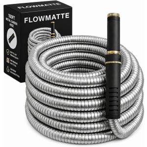 100 FT Metal Garden Hose, Stainless Steel Water Hose, Kink-Free Lightweight Heavy Duty Garden Hose with Brass Fittings & Nozzle, Flexible Non-Expandable Hose