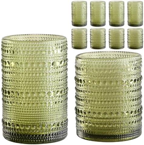 ZMOWIPDL Vintage Hobnail Drinking Glasses Set of 8,Green 12 oz & 15oz Highball Glass Cups, Kitchen Drinkware Glassware,Embossed Water Tumbler,for Beer,Cocktail,Whiskey,Juice and Various Mixed Drinks