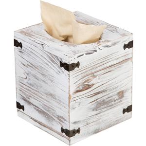 Distressed Farmhouse Square Solid Wood Tissue Box Cover with Slide-Out Bottom Panel Honey Brown Tissue Box Holder for Bathroom Living Room Dining Room Bedroom Toilet (Washed White)