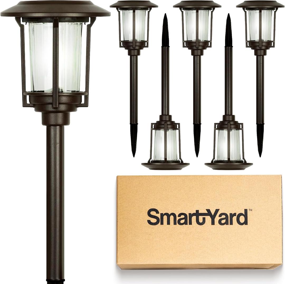 Solar Pathway Lights Outdoor - Pack of 6, 6 Lumens Warm White LED, Bronze Aluminum & Stainless Steel Weather-Resistant Outdoor Solar Lights for Yard, Garden, Walkway Lighting - Easy Stake Installation