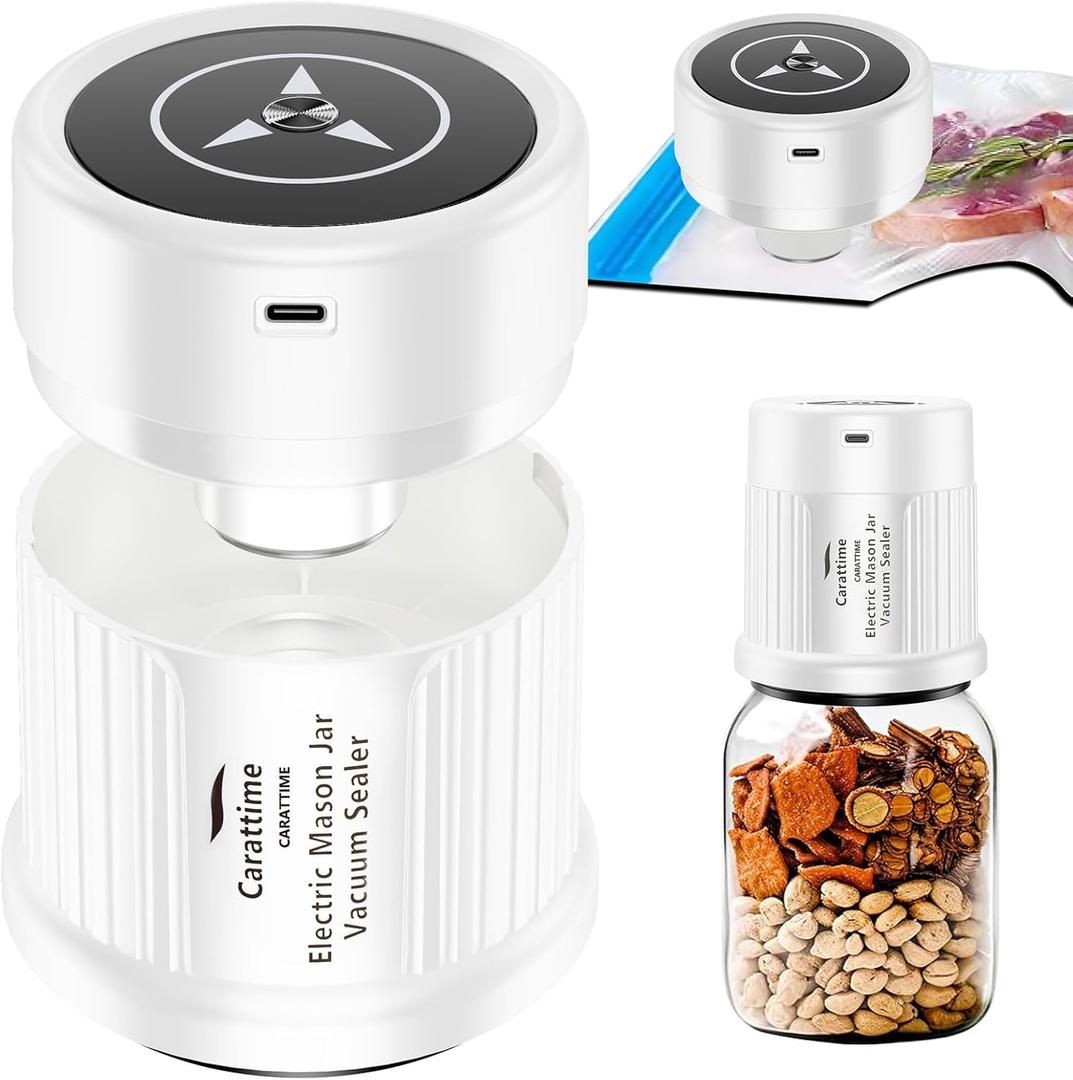 Electric Mason Jar Vacuum Sealer Kit Auto Stop Fully Automatic Fits Wide and Regular Mouth 3 IN 1 Design For Canning Jar And Sous Vide Bags (White)