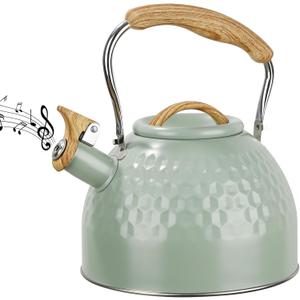 Stainless Steel Whistling Tea Kettle 3 L Tea Kettle Stovetop Teapot Hot Water Kettle w Whistle Spout, Fast Boiling Electric Kettle Stove Top Food Grade Coffee Milk Kettle Pot Folding Handle -Green