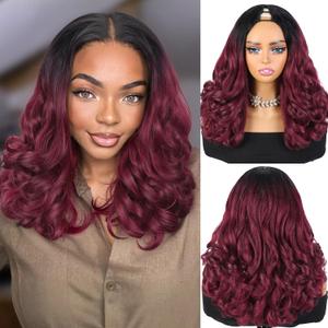 Quantum Love V Part Yaki Curly Wigs for Black Women Ombre Red Afro Curly V Part Synthetic Wig 16Inch Red No Leave out Clip in Half Wig