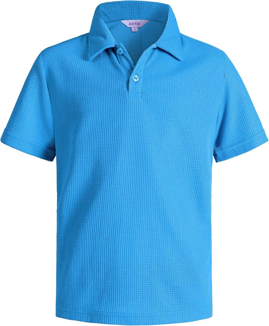 Boys Casual Polo Shirt Short Sleeve Waffle Solid Collared Shirts for Kids Aged 5-14 Years