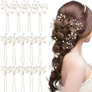 14 Pcs Baby's Breath Hair Pins Boho Bridal Pearl Flower Wedding Hair Accessories for Brides Bridesmaids Women Girls (Gold)