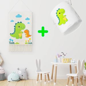 Macrakido - Kids Dinosaur Room Decor Set - Macrame Wall Hanging Tapestry with Matching Storage Basket - Boho Nursery Wall Art - Cotton Wall Decor for Boys Girls Bedroom Playroom