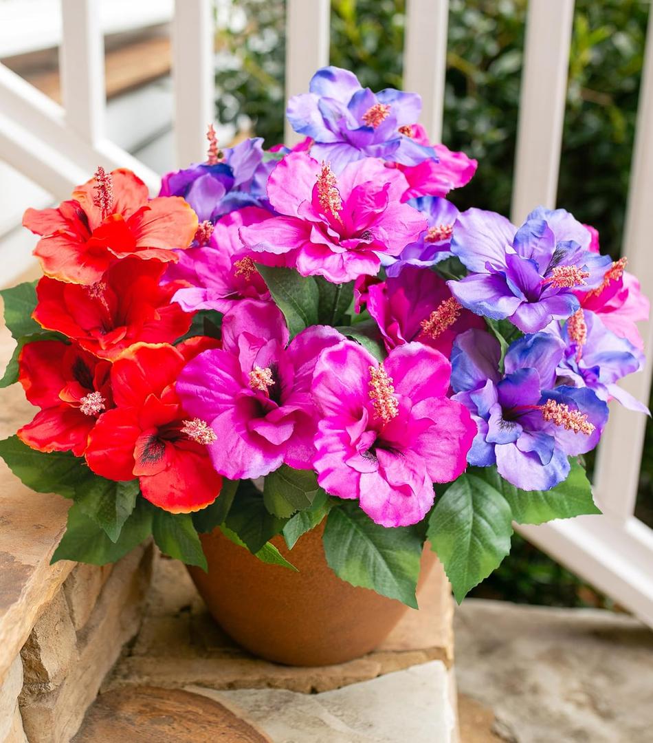 HyeFlora Artificial Flowers for Outdoors Faux Hibiscus Summer Outside Decor, 4 Bundles Silk Tropical Fake Plants UV Resistant Realistic Faux Flower for Outdoor Planters Porch Patio Garden Window Home