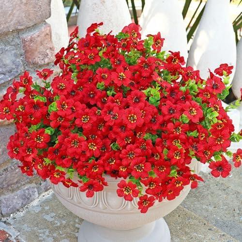 Kingsboomy Artificial Flowers for Outdoors, Faux Plants Flowers, 12 Bundles Silk Colorful Fake Flowers Eucalyptus Realistic UV Resistant for Outside Home Planter Porch Patio Yard Decor (12, Red)