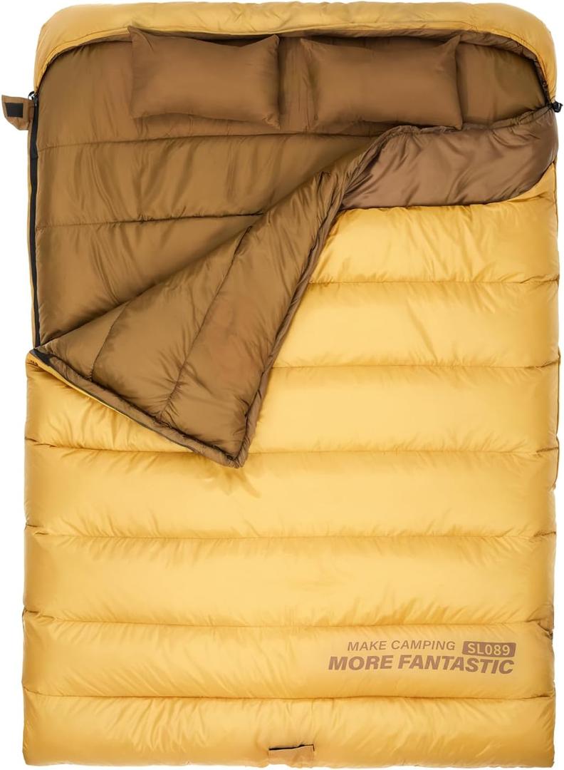 BISINNA Double Sleepinag Bag for Adults Two Person Queen Size Camping Sleeping Bag for All Season Backpacking Hiking Cold Weather with Compression Sack (Yellow)