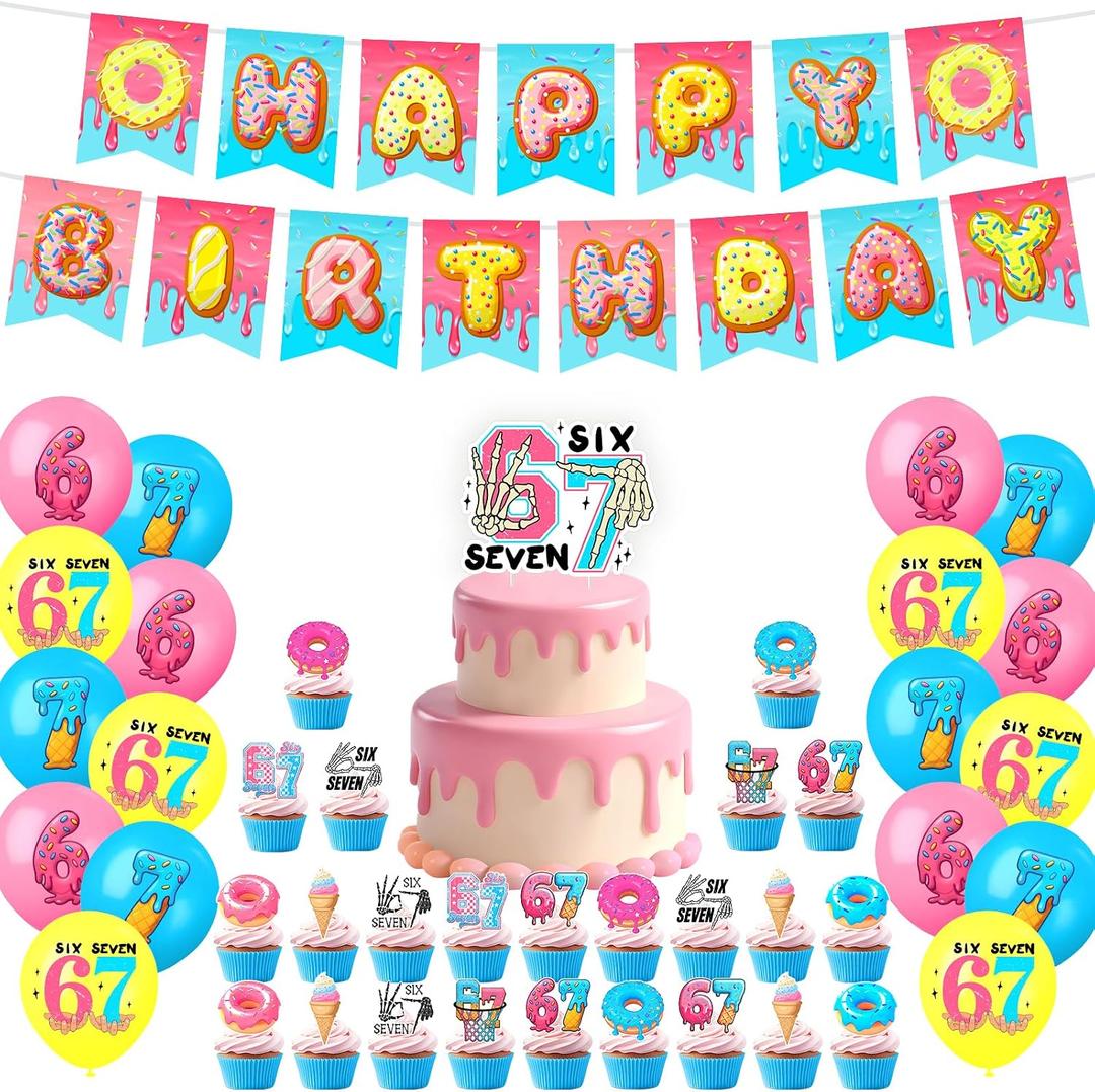 6 7 Birthday Decorations, 67 Meme Themed Birthday Decorations Set Includes Banner, Large Cake Topper, 24 x Cupcake Toppers, 18 x Ballons