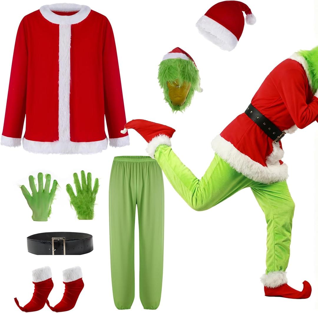 Adrinfly 7pcs Christmas Big Monster Santa Suit for Adult Green Deluxe Santa Costume With Mask (XX-Large)