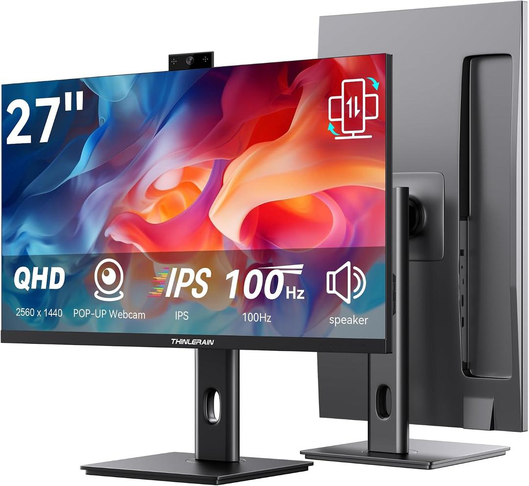 Thinlerain 27 Inch Monitor with Pop-Up Webcam - 2K 2560 x 1440 IPS Computer Monitor, 100Hz Vertical Gaming PC Screen, Built-in 3MP Webcam & Microphone, HDMI, DisplayPort, Display for Office Home Work