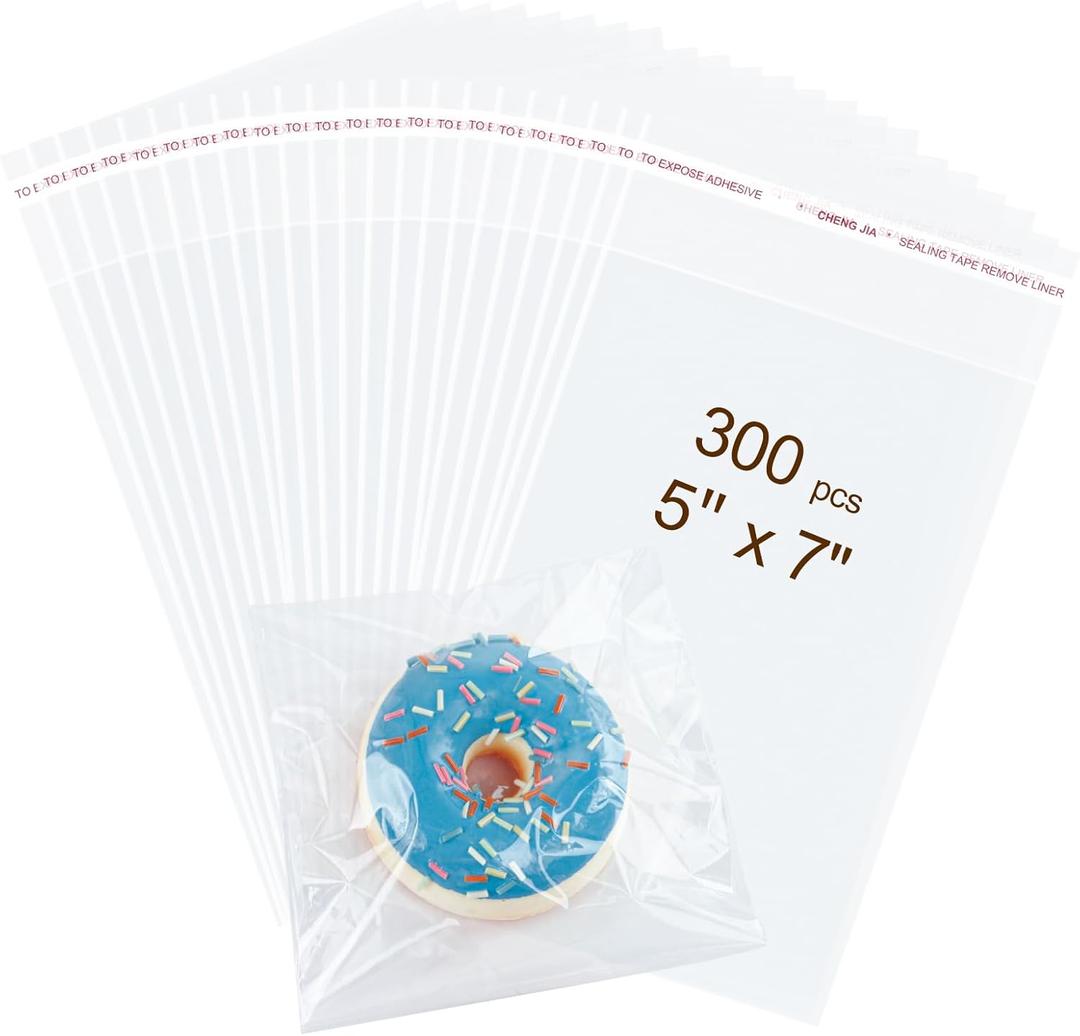 300PCS Clear Self Sealing Cellophane Bags - Cookie, Candy & Bread Bags (5x7 Inches)