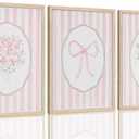 Framed 3 Piece OAK Wall Art Pink Floral Pink Striped Flower Canvas Prints | Coquette Bow Pictures Wall Decor Minimalist Botanical Aesthetic Paintings Artwork for Bedroom Bathroom Living Room 16x20in