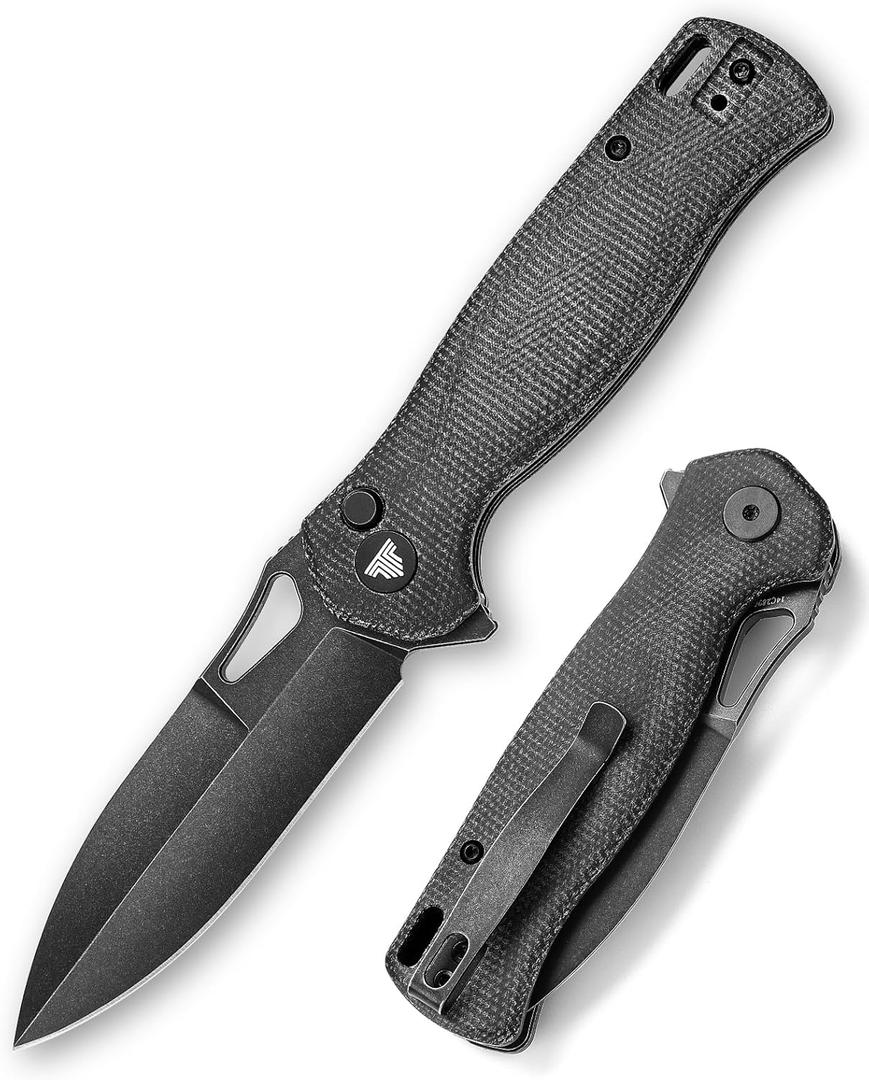 Knives - Crateris-04B Folding Flipper Knife & Pocket ClipButton Lock Knife for Men3.38" Sandvik 14C28N Steel BladeMicarta Scales for EDC Camping Outdoor Tool (Black)