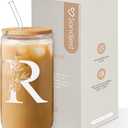 SANDJEST Monogrammed Gifts for Women - Monogram R Initial Glass Cup 16 Oz Can Coffee Cups with Lid and Straw - Monogram Initials Gifts for Womens on Birthday