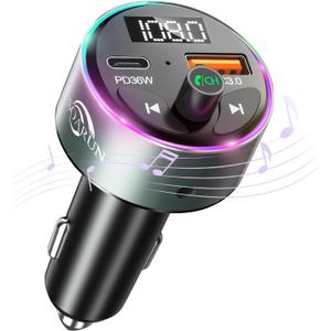 FM Transmitter Bluetooth 5.3 - SOARUN Fast Car Charger Adapter 54W [PD 36W & QC3.0 18W], Support Wireless Radio, Aux 3.5mm, Hands-Free Calling with 9 Colors LED Backlit (FT1020-US-HANYA)