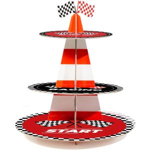 3-Tier Racing Traffic Cones Cupcake Stand for Race Car Birthday Party Decorations,Race Car Party Supplies, Paper Rounded Table Centerpiece for Cakes, Muffins, Macaroons